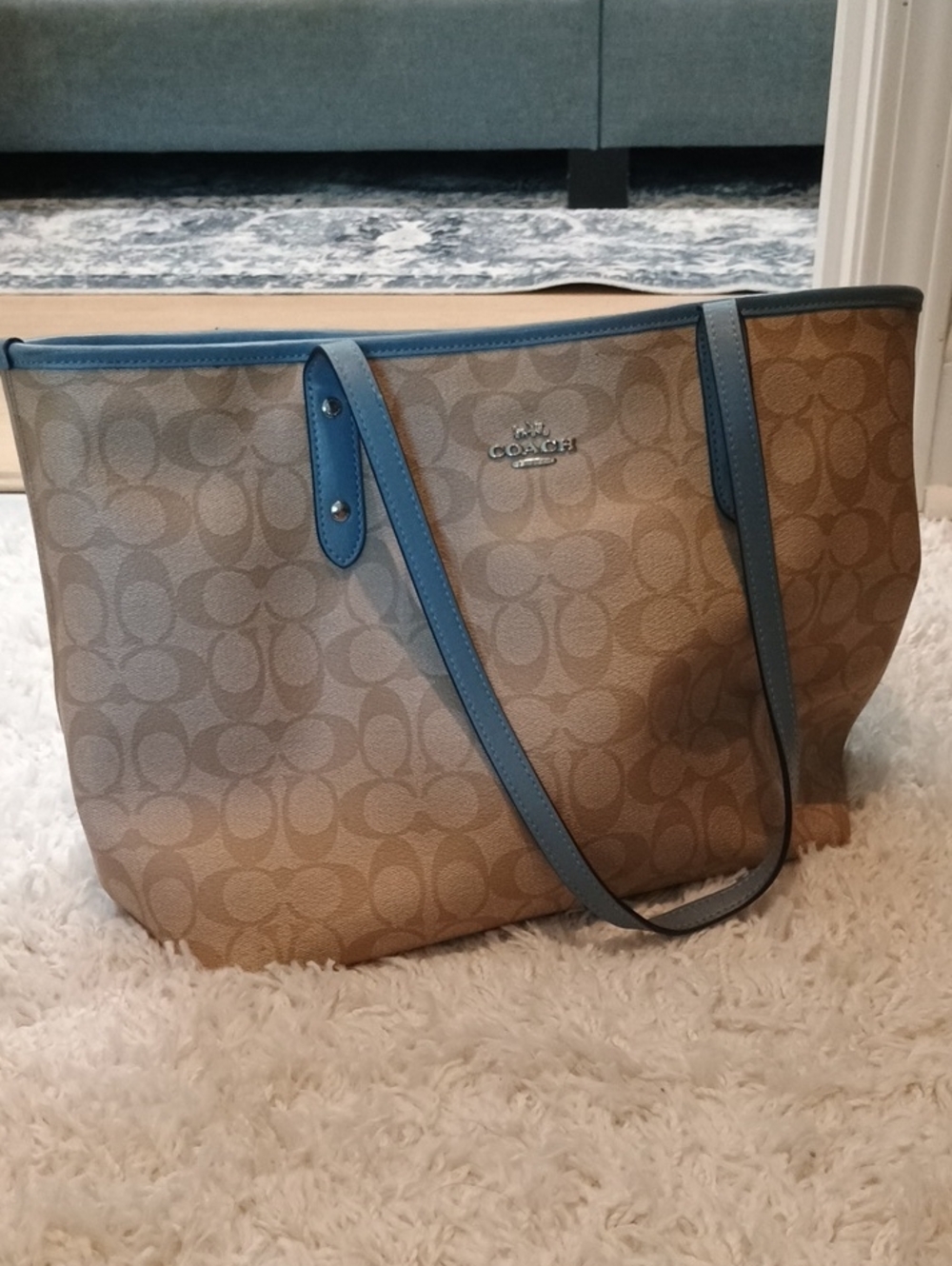 Coach Canvas Tote with Blue Trim